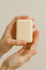 Woman s Hands Gently Holding a Rectangular Bar of Creamy Unscented Soap