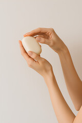 Woman s Hands Gently Holding Oval Shaped Bar of Soap Skincare and Hygiene Concept