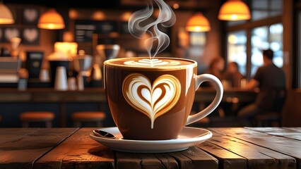 Heart-Shaped Latte Art in Cozy Coffee Shop Interior.