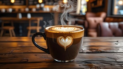 Steaming Hot Coffee with Heart-Shaped Milk Foam in Cozy Café.