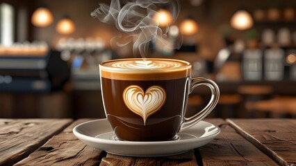 Romantic Coffee Cup with Latte Art in Ambient Café Setting.