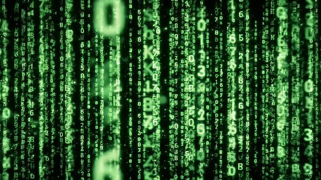 Dynamic Green Binary Code Streams Downward Emulating Matrix Digital Rain Over Dark Backdrop