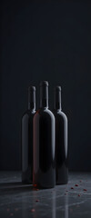 Three elegant dark wine bottles with matte black caps, standing closely together on a sleek, reflective marble surface. The scene is dimly lit with moody, cinematic lighting that casts soft highlights