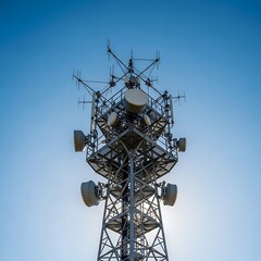 Metal communication tower against a clear sky.