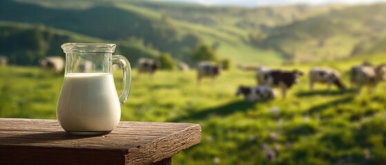 The stylish milk jug sitting serenely on a rustic wooden table outdoors.
