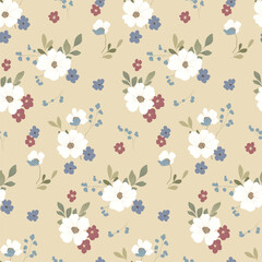 Seamless floral pattern, liberty ditsy print with delicate wild plants in rustic motif. Pretty botanical design of hand drawn small flowers, leaves, simple bouquets on beige field. Vector illustration