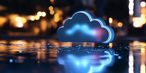 Cloud data lake concept with glowing elements in urban setting Generative AI