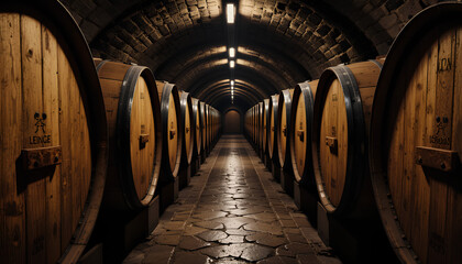 Rustic Wine Cellar Featuring Wooden Barrels in an Atmospheric Setting