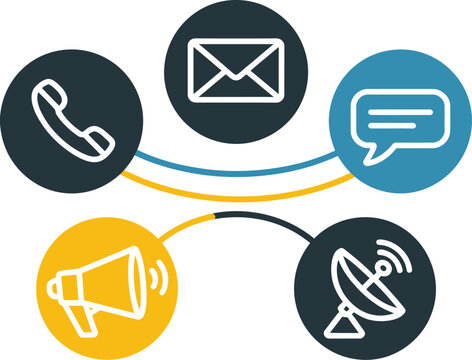 Illustration of communication methods including phone, email, chat, broadcast, and satellite dish