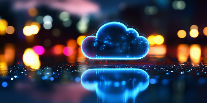 Cloud data lake illuminated with digital elements at night Generative AI