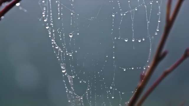 Delicate spider web, glistening with water droplets, draped over branches