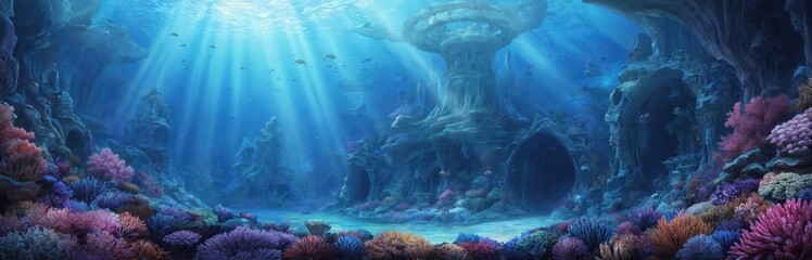 Vibrant underwater fantasy kingdom with colorful coral gardens, ornate ancient structures. Sunlight beams pierce deep blue ocean, illuminating schools of fish, cavernous architecture. Mystical