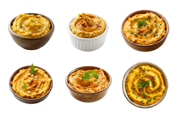 Assortment of Six Hummus Bowls with Parsley Garnish on Transparent Background