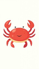 Cute cartoon red crab with happy face, rendered in minimalist flat design style reminiscent of children books. Simple lines define adorable marine character, perfect for educational playful content.