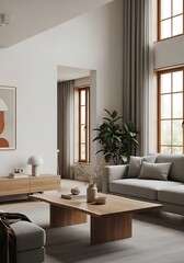 Modern living room with a wooden coffee table and light gray sofa.