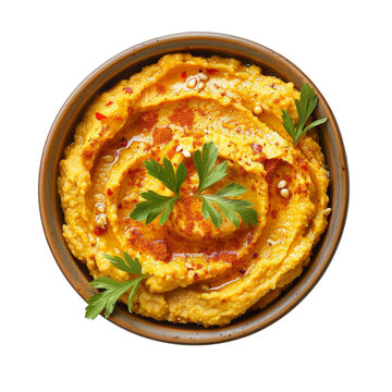 Overhead Close Up of Fresh Orange Hummus Topped with Herbs and Seeds in a Brown Bowl