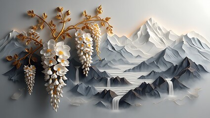 Elegant 3D Relief Wall Art with Golden Wisteria and Serene Grey Mountains with Cascading Waterfalls