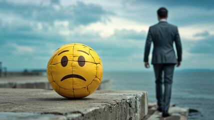 Man in suit walks away from deflated, sad emoji ball by the ocean representing failure and disappointment