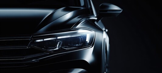 The sleek black car highlighted by dramatic lighting and sophisticated design.