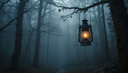 Mysterious Forest with Hanging Lantern Glowing in the Dense Fog
