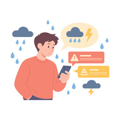 Severe weather alerts on phone. Thunderstorm and rain warning notifications shown with clouds, lightning, and raindrops. Weather forecast. Vector flat cartoon style illustration.