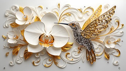 Luxurious 3D Wall Art with White Orchids, Golden Leaves, and an Ornate Hummingbird with Crystal Accents