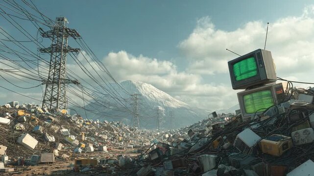 Digital Debris: Overlooking a bleak landscape, discarded televisions and electrical waste pile up, set against a snow-capped mountain and a network of power lines.
