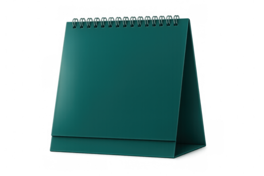 Blank teal desk calendar with wire-o binding isolated on transparent background, ready for customization
