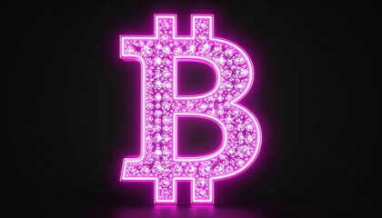Sparkling pink Bitcoin symbol, close-up view. Glowing, gem-encrusted digital currency