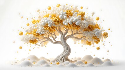 Opulent fantasy tree with a textured white trunk and a rich canopy of shimmering golden and white spheres on a soft white landscape.