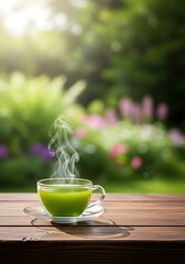 A cup of steaming green tea on a wooden table outdoors.