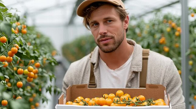 Male agricultural worker in a greenhouse, carefully harvesting ripe orange tomatoes, holding a box filled with fresh produce