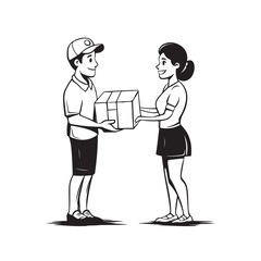 Vector illustration of a courier or delivery man delivering a package to a customer isolated on a white background