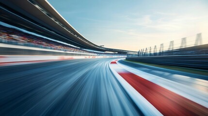 Fast race track with blurred motion effect, showing a turn with stands and crowd.