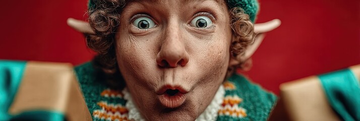 Excited holiday elf with gifts showing surprise during festive celebration in a cheerful setting