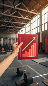 Hand holding a red tablet displaying a financial growth chart in a gym