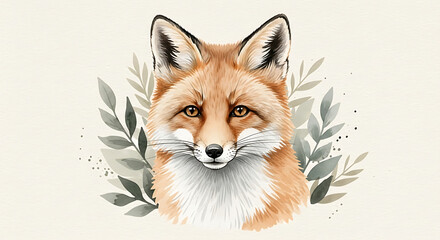 Watercolor Portrait of a Red Fox with Foliage.