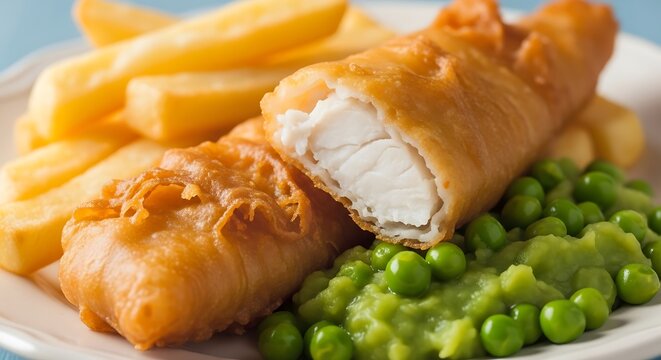 Crispy fried fish and chips with mushy peas. - Powered by Adobe