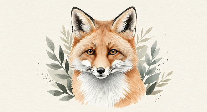 Watercolor Portrait of a Red Fox with Foliage. - Powered by Adobe