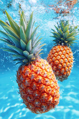 ripe juicy pineapples falling into the water with splashes and bubbles. Fresh tropical fruit on blue background