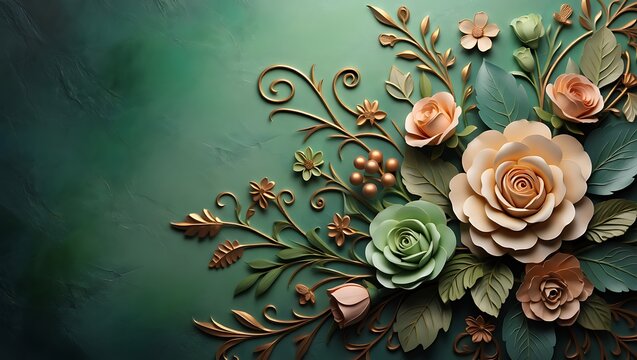 Elegant 3D floral relief with golden accents on a vibrant emerald green textured background.