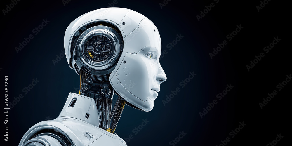 Poster futuristic robot profile with detailed mechanism visible in dark background