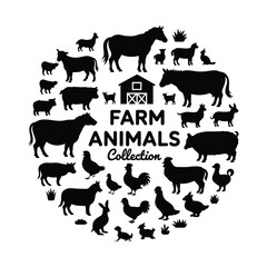 Circular arrangement of farm animal silhouettes with grass accents
