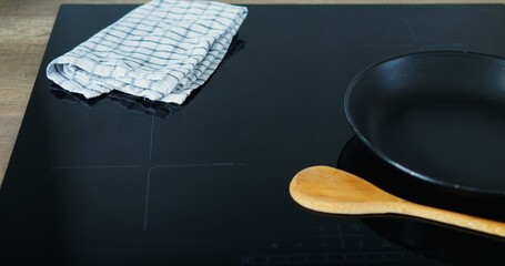 Preparation of fresh ingredients and special equipment before creating dish. Frying pan and spoon...