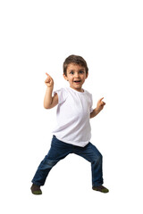 Energetic Little Boy Striking a Playful Pose and Pointing to the Side