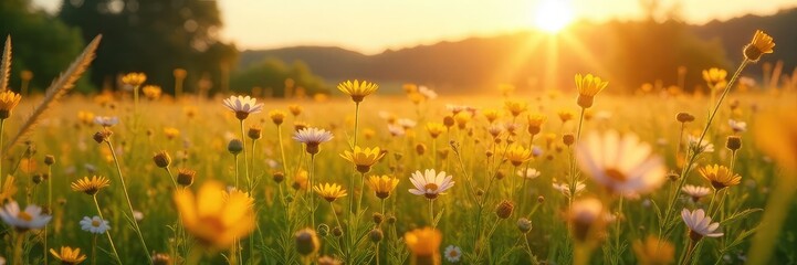 Obraz premium Golden hour sunlight bathes a vibrant summer field, wildflowers swaying gently in the breeze Perfect for idyllic, rural, or nature-themed projects , farm, bloom