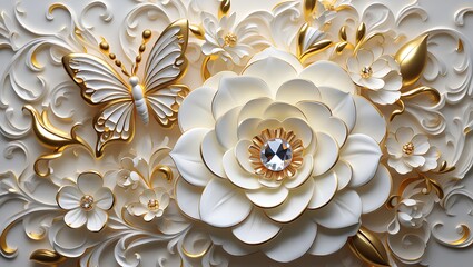 Opulent White and Gold Floral Relief with a Sparkling Diamond Flower and Golden Butterfly