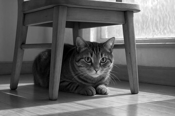 a cautious cat hides under a chair 
