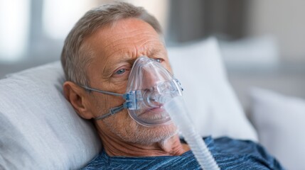 An elderly man rests in a hospital bed wearing a breathing mask as he recovers from an illness. The room is bright and well-equipped with medical supplies nearby