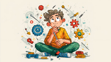 Cartoon Boy Thinking About Mechanical Parts and Tools